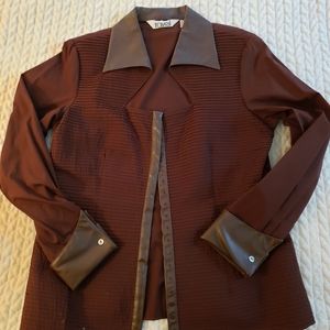 Ravel tailored espresso brown snap-up with vegan leather collar and cuffs SIZE L